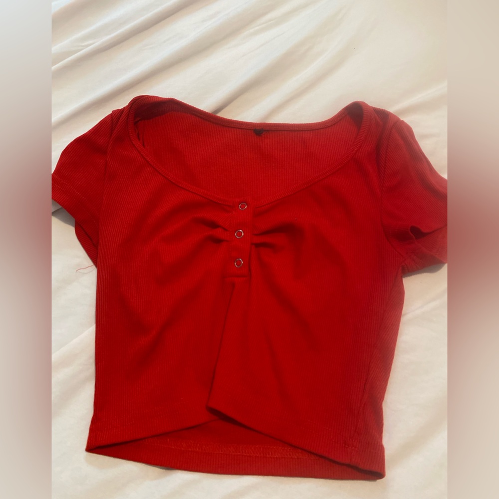 Shein cropped red button up shirt